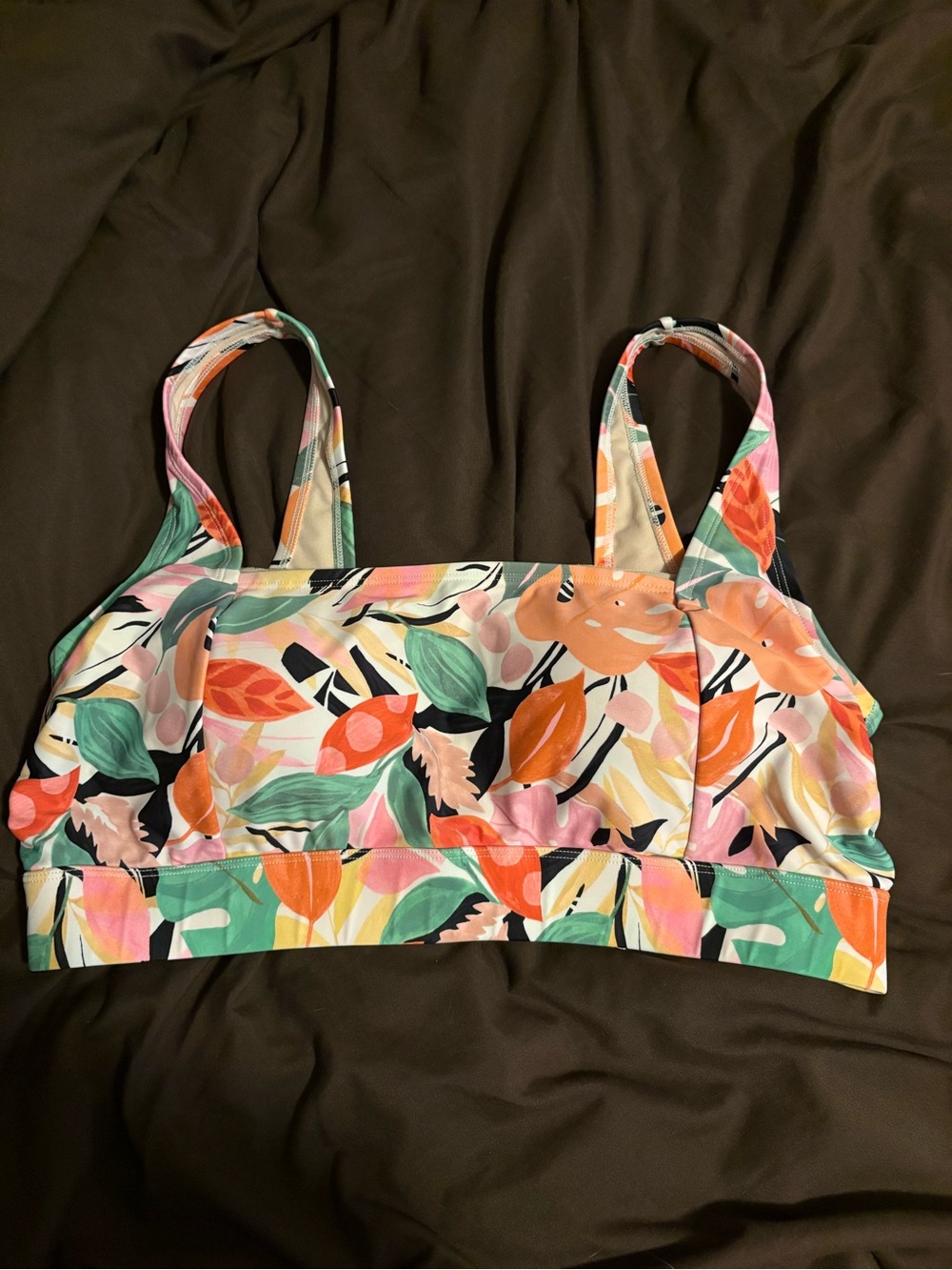 Kona Sol Floral Leaf Print Bikini Top in Green, Orange, Pink